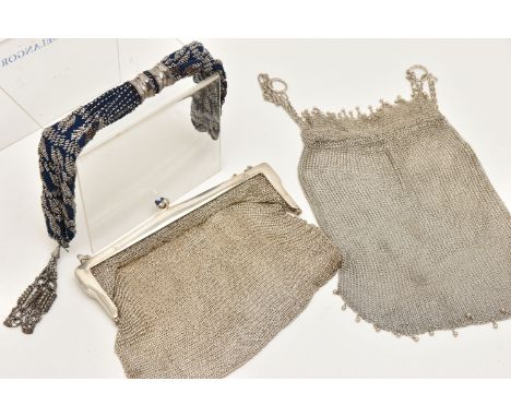 THREE CHAIN MAIL PURSES, the first with beaded droppers and chain drawstring, one finger ring stamped 'Sterling', one fitted 