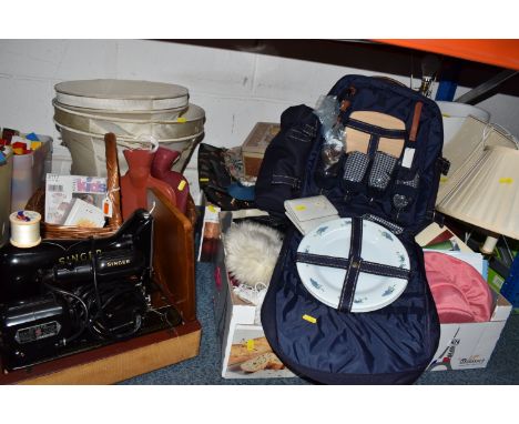 TWO BOXES AND LOOSE SEWING AND KNITTING INTEREST, BAGS, AND MISCELLANEOUS ITEMS to include a backpack containing a picnic set