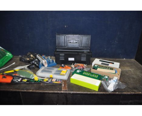 A TOOLBOX CONTAINING CARPENTRY TOOLS including a Stanley block plane, two sets of Ice Bear sharpening stone sets, a new set o