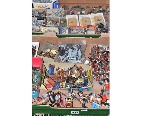 TWO BOXES OF MODEL AND TOY SOLDIERS, ETC, to include lead, other metal and plastic figures in different scales, a number of l