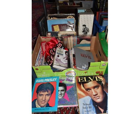 TWO BOXES AND LOOSE 'ELVIS PRESLEY' RECORDS AND COLLECTABLES, to include twenty eight LPs, eighteen singles, a boxed Elvis Si