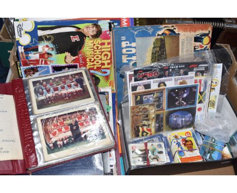 A BOX OF POSTCARDS AND OTHER EPHEMERA, to include an album containing sixty six 1930s Sherman's Pools Famous Players and Famo