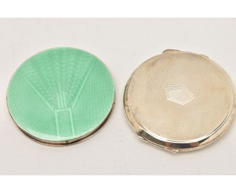 TWO SILVER COMPACTS, the first with a light green guilloche enamel, mirror inside, hallmarked Birmingham, rubbed unclear make