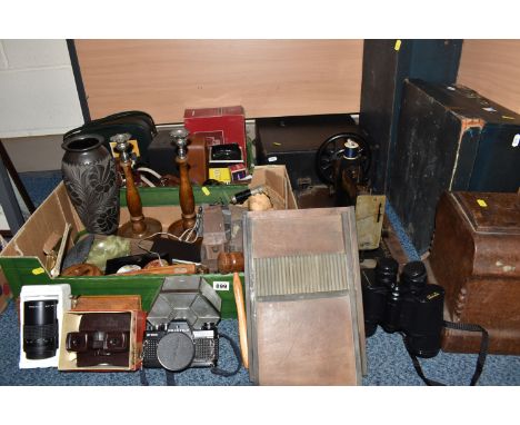 TWO BOXES AND LOOSE MISCELLANEOUS VINTAGE ITEMS, included, a Spierpon Queen sewing machine manufactured by Singer likely in t