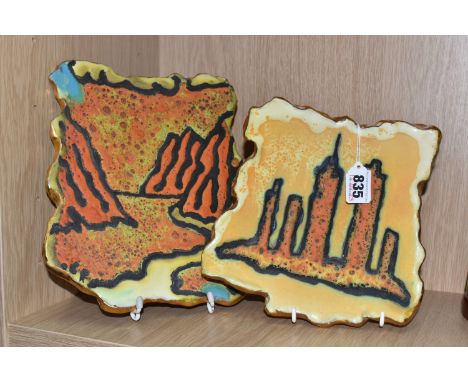 CORMAC BOYDELL (IRISH b. 1946) TWO GLAZED TERRACOTTA DISHES, one depicting a cityscape in an orange lava style glaze on a yel