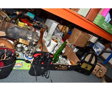 FOUR BOXES AND LOOSE MISCELLANEOUS SUNDRIES, to include a 1930's Philco model 444 Bakelite Art Deco period Radio, an Arklow '