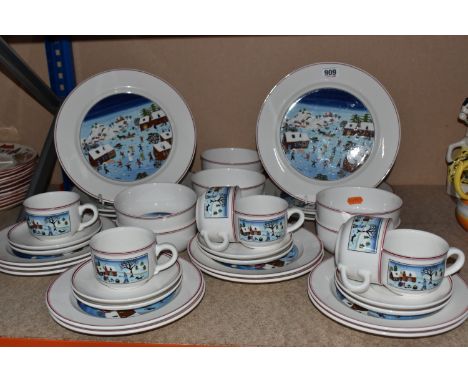 A THIRTY-EIGHT PEICE VILLEROY &amp; BOCH CHRISTMAS DINNERWARE, design 'Naif Christmas' to include seven dinner plates, nine s