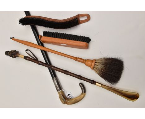 A SILVER MOUNTED WALKING STICK AND OTHER ITEMS, a carved horn handle with a silver termination and collar, hallmarked 'W H Ca