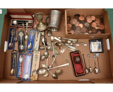 A BOX OF ASSORTED ITEMS, to include a silver spoon and napkin ring, both hallmarked Birmingham, approximate gross weight 17.4