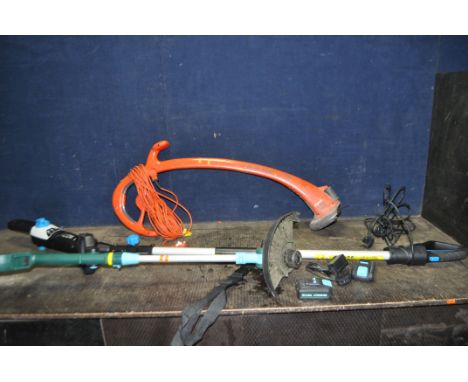 A McGREGOR 18V STRIMMER WITH TWO BATTERIES AND CHARGER, a Flymo strimmer and a MacAllister pole saw (all PAT pass and working