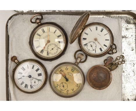 A SMALL TIN OF POCKET WATCHES, to include a key wound open face pocket watch, Roman numeral dial signed 'H.Samuel, Manchester