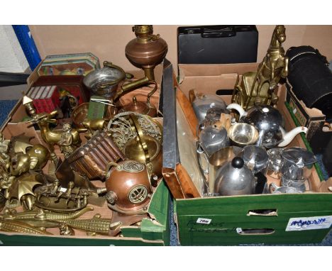 TWO BOXES OF METALWARE, to include a quantity of stainless steel tea ware, an Alessi  'La Cupola' aluminium espresso coffee m