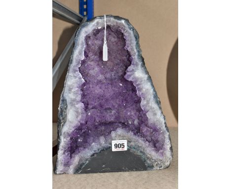 AMETHYST GEODE QUARTZ CRYSTAL CATHEDRAL, with cut face revealing the cavern interior with quartz crystal formation and polish
