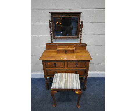 AN EARLY 20TH CENTURY OAK DRESSING CHEST, with a single mirror, four assorted drawers, raised on barley twist supports, unite