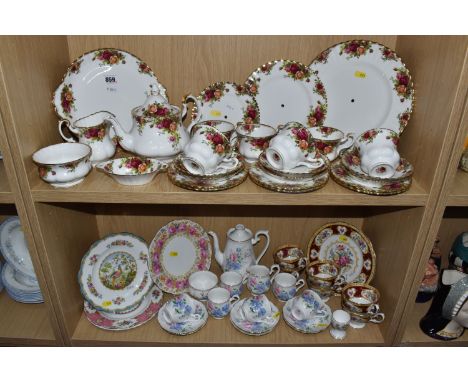 A QUANTITY OF ROYAL ALBERT TEA WARES, comprising 'Old Country Roses': a teapot, a cream jug, a sugar bowl, a cake plate (smal