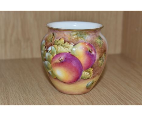A ROYAL WORCESTER 'FALLEN FRUITS' POT of bulbous form with a gilt rim, signature of 'L.K. Till,' height 7cm x diameter 7cm (1