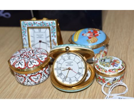 A GROUP OF FIVE HALCYON DAYS ENAMEL TRINKET POTS AND CLOCKS to include two Winnie the Pooh portable clocks comprising a circu