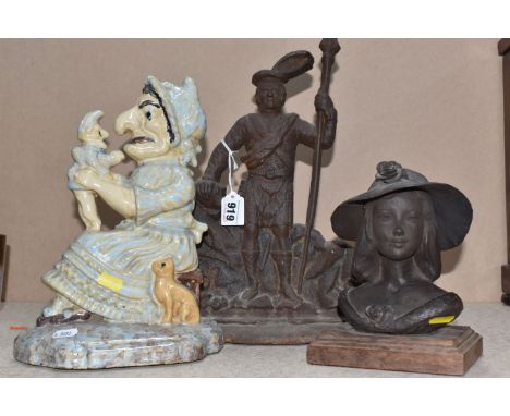 THREE DECORATIVE ITEMS to include two cast iron figurative door stops comprising one in the form of a painted Mrs Punch, heig