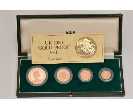 A ROYAL MINT 1980 FOUR COIN PROOF SOVEREIGN SET OF COINS, to include a set of Queen Elizabeth Sovereigns The 2nd Design by Ar