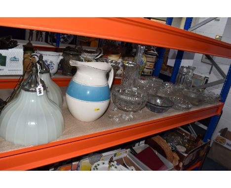 A GROUP OF GLASSWARE AND CERAMICS, to include two cream glass ceiling light shades with fittings/partial fittings, a ceramic 