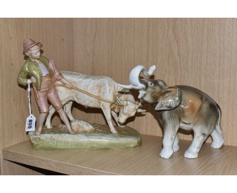 TWO PIECES OF ROYAL DUX PORCELAIN, comprising a figure of a boy with a calf, pink triangle mark to base and impressed no 1394