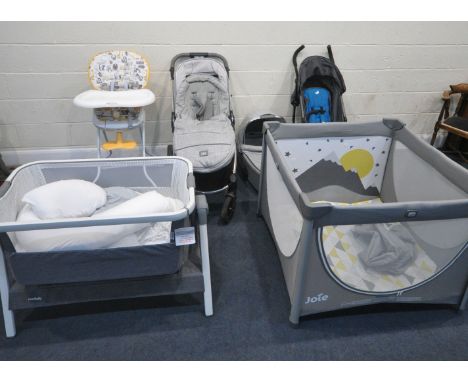 A SELECTION OF BABY ACCESSORIES, to include a Mamas and Papas ocarro folding pushchair, a matching carry-cot, a Joie folding 