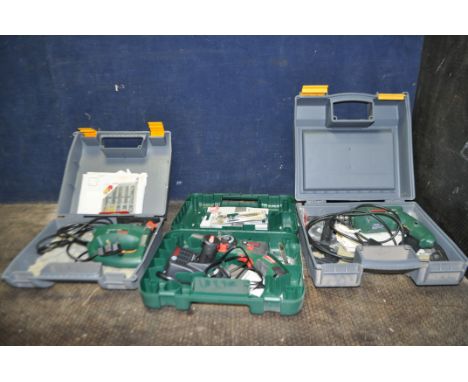 THREE BOSCH POWER TOOLS comprising of an Easycut 12 12v nano chain saw in case with two batteries and charger, a PSB400-2 dri