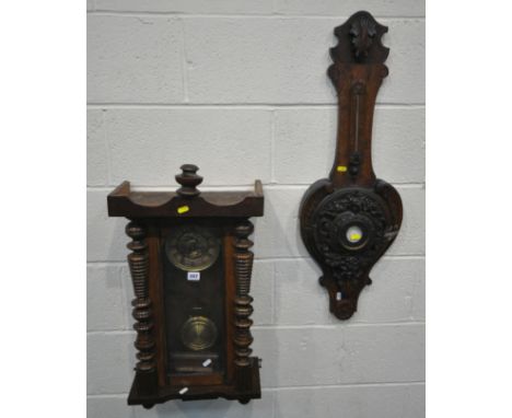 A 20TH CENTURY MAHOGANY VIENNA WALL CLOCK, the glazed door enclosing a 6 inch brass and enamel dial, depicting Roman numerals