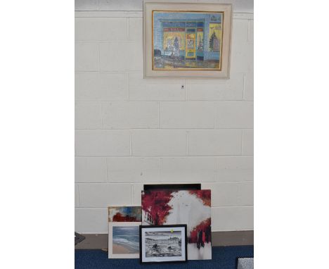 A SMALL QUANTITY OF PICTURES AND PRINTS, comprising an unsigned oil on canvas depicting a shop on Tregenna Hill in St Ives Co