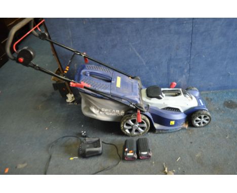 A SPEAR AND JACKSON S4040X2CR CORDLESS LAWN MOWER with grass box, charger and two 40v batteries (PAT pass and working but bat