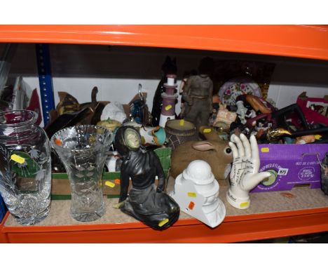 TWO BOXES AND LOOSE DECORATIVE ITEMS to include a decorative hand palm map, a ceramic wall pocket, a crystal etched vase heig