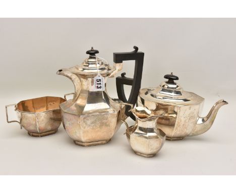 AN EARLY 20TH CENTURY SILVER FOUR PIECE TEA SET, faceted polished form, the coffee pot and teapot both fitted with ebonised h