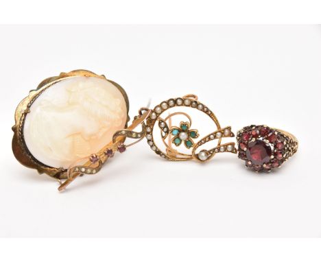 AN ASSORTMENT OF JEWELLERY, to include a yellow metal turquoise and seed pearl brooch, open work floral design, indistinct st