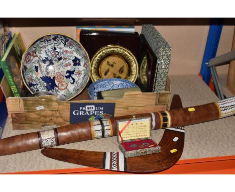 ONE BOX AND LOOSE ASSORTED INTERNATIONAL RELATED DECORATIVE ITEMS to include a painted digeridoo, length 95cm, a decorative b