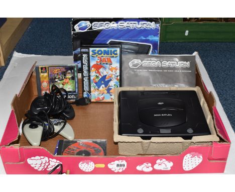 SEGA SATURN VIDEO GAME CONSOLE BOXED WITH GAMES, includes Sonic Jam (complete in box), Sega Rally Championship (complete in b