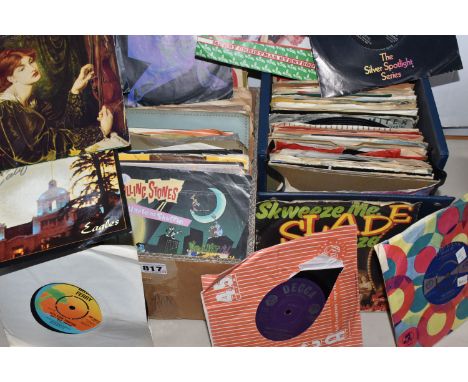 A BOX AND A CASE OF 45 RPM SINGLES to include approximately one hundred and fifty singles of various genre to include Slade, 