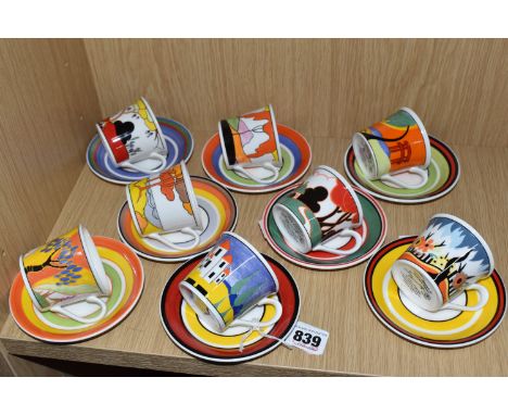 EIGHT WEDGWOOD 'CAFÉ NOIR' COFFEE CANS AND SAUCERS, limited edition, patterns comprising Coral Firs, Windbells, Red Autumn, T