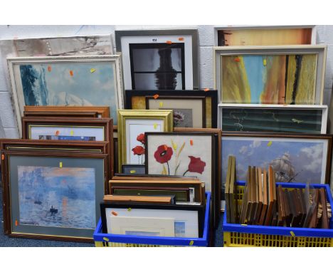 A QUANTITY OF PICTURES AND PRINTS ETC, to include a George Clarke depiction of ships ate sunset, oil on board, approximate si