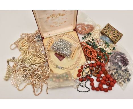 A LARGE ASSORTMENT OF BEADED JEWELLERY, to include a hematite and pearl necklace, fitted with a yellow metal spring clasp, st