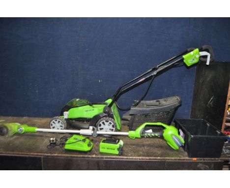 A GREENWORKS G-MAX 40V LAWN MOWER, with grassbox, battery and charger along with a strimmer (no string guard) (charger PAT pa