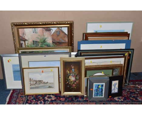 A QUANTITY OF PICTURES AND PRINTS ETC, to include an oil on canvas depicting a female figure gardening, signed and dated Marg