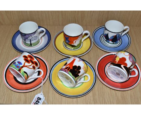 SIX WEDGWOOD 'CAFÉ CHIC' COFFEE CANS AND SAUCERS, limited edition, patterns comprising Autumn, May Avenue, Summerhouse, Red T