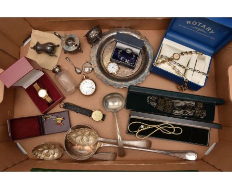 A BOX OF ASSORTED ITEMS, to include a rolled gold open face pocket watch signed 'Ford &amp; Galloway Ltd, Birmingham', manual