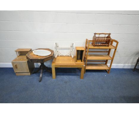 A SELECTION OF OCCASIONAL FURNITURE, to include a octagonal drum table, a maple coffee table, a single door bedside cabinet, 