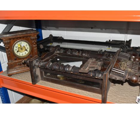 TWO WALL CLOCKS AND A MANTEL CLOCK, in wooden cases, all in need of some attention, with two keys, largest wall clock measure