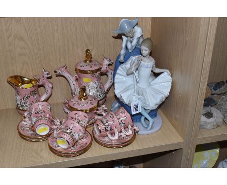 A NAO FIGURE AND A CAPODIMONTE TEA SET comprising a Nao figure of a seated ballerina with a harlequin, height 31cm  x width 1