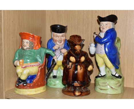 FOUR TOBY JUGS, comprising two Sitzendorf examples, one with pipe and jug of ale, the other taking snuff, tallest 29cm, a tre