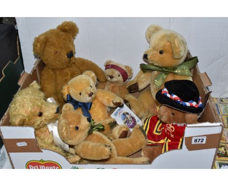 A BOX OF SEVEN MERRYTHOUGHT TEDDY BEARS, comprising a limited edition Sunset Gold Ironbridge bear no 65/500, with swing tag c