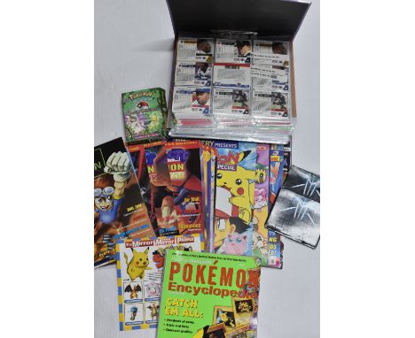 BOX OF POKEMON CARDS, POKEMON CARD MAGAZINES AND OTHER TRADING CARDS, includes over three hundred Pokémon TCG cards, and seve