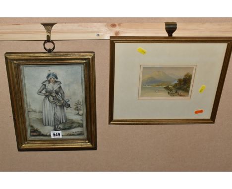 A 19TH CENTURY WATERCOLOUR PORTRAIT OF A FEMALE MUSICIAN, the full length standing portrait depicts her playing a Hurdy Gurdy